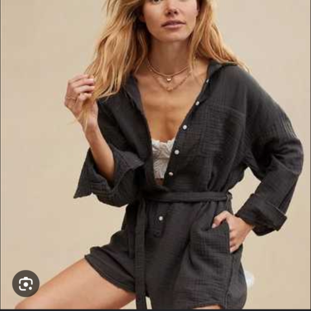 aerie Charcoal Button-Front Romper with Tie Waist